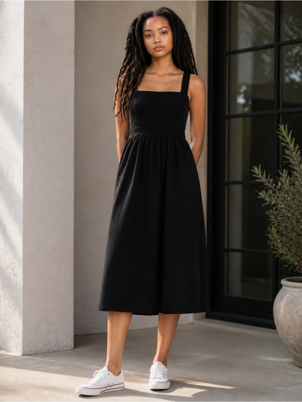 Black Midi Sundress Womens L Square Neck Smocked Back Sleeveless A-Line Dress